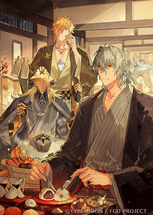 5boys animal animal_in_clothes antonio_salieri_(fate) antonio_salieri_(second_ascension)_(fate) architecture avicebron_(fate) bird blonde_hair blue_bird blue_kimono character-themed_food choko_(cup) commentary_request copyright_notice cup daifuku east_asian_architecture fate/grand_order fate_(series) fish_(food) folding_screen food fork fou_(fate) gauntlets green_eyes green_kimono grey_hair grey_kimono grin hair_between_eyes hair_intakes hair_over_one_eye half_updo haori holding holding_cup holding_fork holding_knife holding_ladle horns hotpot index_finger_raised indoors ivan_the_terrible_(fate) japanese_clothes jewelry kimono knife ladle long_hair long_sleeves lost_robin_rondo male_focus mask multiple_boys mushroom necklace obi official_art open_door orange_hair parted_lips plate red_eyes ring robin_hood_(fate) sash sashimi shiitake short_hair shouji shrimp sidelocks sliding_doors smile snow_rabbit sparkle starshadowmagician table the_man_in_grey_(fate) tokkuri wide_sleeves wolfgang_amadeus_mozart_(fate)