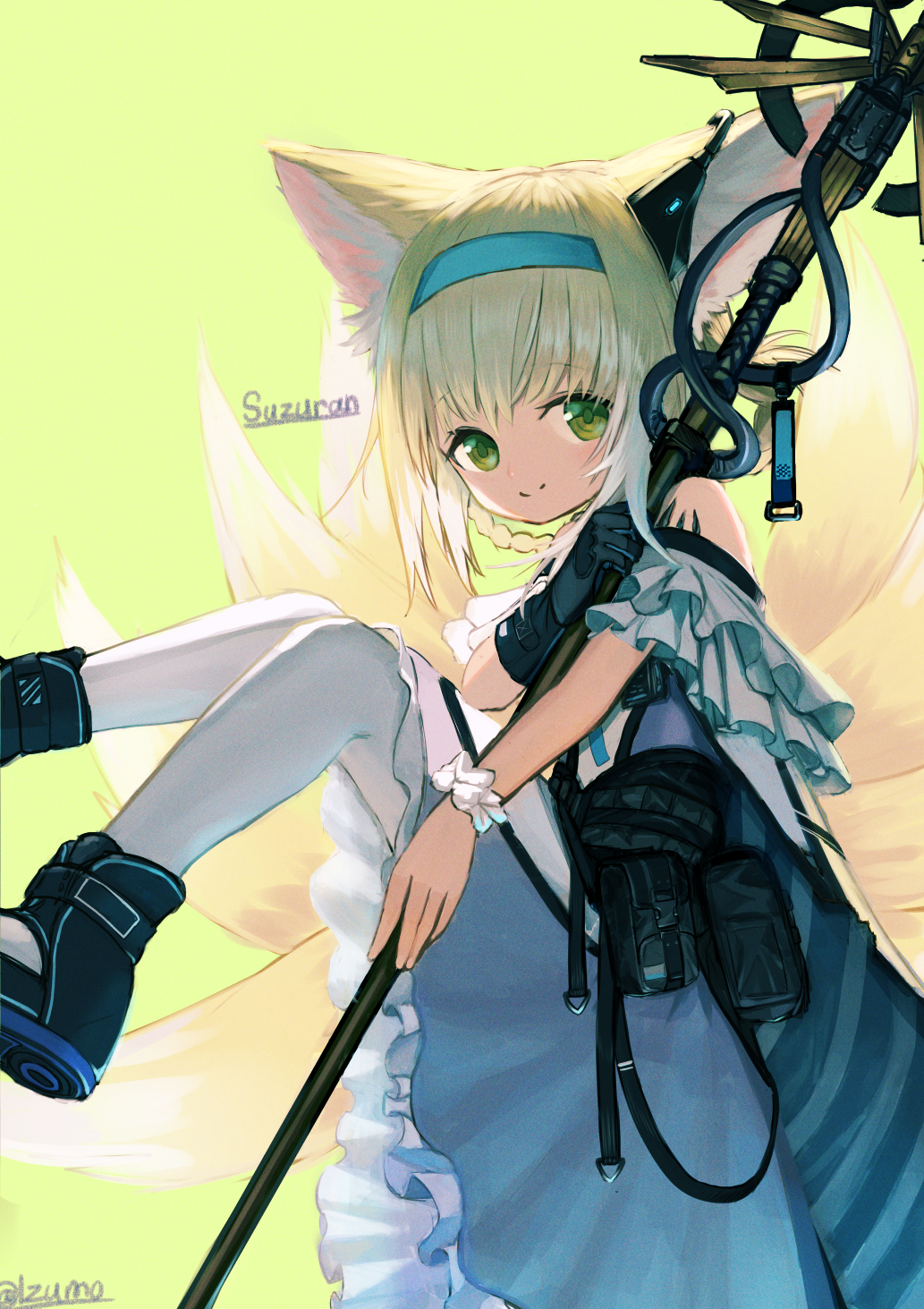 1girl animal_ears arknights bare_shoulders black_footwear black_gloves blonde_hair blue_hairband bow character_name dress earpiece foot_out_of_frame fox_ears fox_girl fox_tail gloves green_bow green_eyes hairband highres holding holding_staff izumo_(ton_63) kitsune kyuubi looking_at_viewer material_growth multicolored_hair multiple_tails oripathy_lesion_(arknights) pantyhose purple_dress simple_background single_glove smile solo split_mouth staff streaked_hair suzuran_(arknights) tail white_hair white_pantyhose
