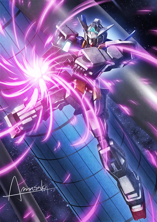 amasaki_yusuke aqua_eyes beam_rifle energy_gun gun gundam gundam_age gundam_age-1 gundam_age-1_normal holding holding_gun holding_weapon humanoid_robot mecha mobile_suit no_humans o&#039;neill_cylinder robot science_fiction signature solo space space_habitat v-fin weapon
