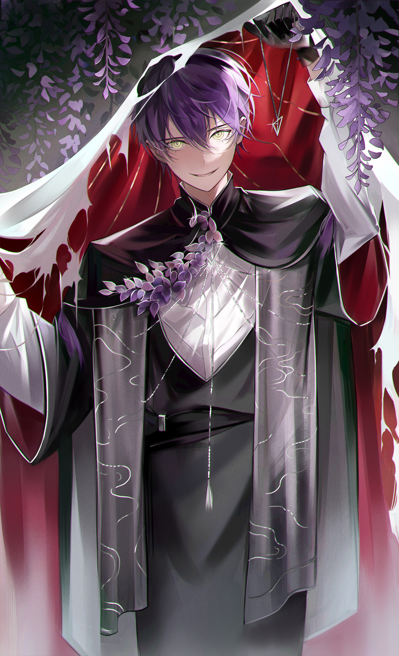 1boy arm_above_head arm_up black_cloak black_gloves cloak flower gloves hair_between_eyes high_collar highres holding holding_jewelry holding_necklace jewelry kenmochi_touya long_sleeves looking_at_viewer male_focus necklace nijisanji purple_flower purple_hair sanse_(sssei_33) short_hair smile solo virtual_youtuber wisteria yellow_eyes