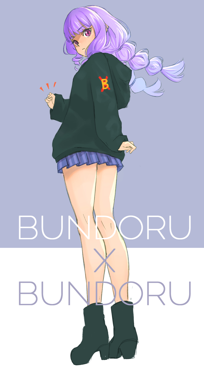 1girl ankle_boots black_boots black_hoodie blue_skirt blunt_bangs boots casual clenched_hand closed_mouth commentary delicious_party_precure emblem from_behind frown full_body grey_background hair_tie high_heel_boots high_heels highres hood hood_down hoodie jj_(ssspulse) kasai_amane long_hair long_sleeves looking_at_viewer looking_back low_twintails miniskirt notice_lines pleated_skirt precure purple_eyes simple_background skirt solo standing twintails