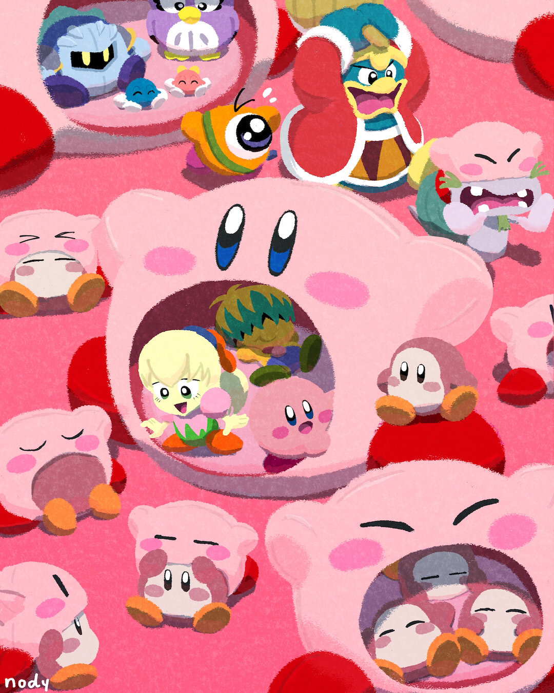 >_< :d ^_^ armor arms_up artist_name bird blonde_hair blue_eyes blush blush_stickers brother_and_sister bun_(kirby) closed_eyes closed_mouth commentary_request coo_(kirby) escargon flying_sweatdrops fumu_(kirby) fur-trimmed_jacket fur-trimmed_sleeves fur_trim green_eyes green_hair hair_over_eyes hammer highres holding holding_hammer jacket king_dedede kirby kirby:_right_back_at_ya! kirby_(series) lalala_(kirby) lololo_(kirby) long_hair long_sleeves lying mask meta_knight multicolored_hair nintendo nody_(nody_lowmoo) on_back one-eyed open_clothes open_jacket open_mouth pauldrons ponytail red_jacket running short_hair shoulder_armor siblings sitting sleeping smile u_u v-shaped_eyebrows waddle_dee yellow_eyes