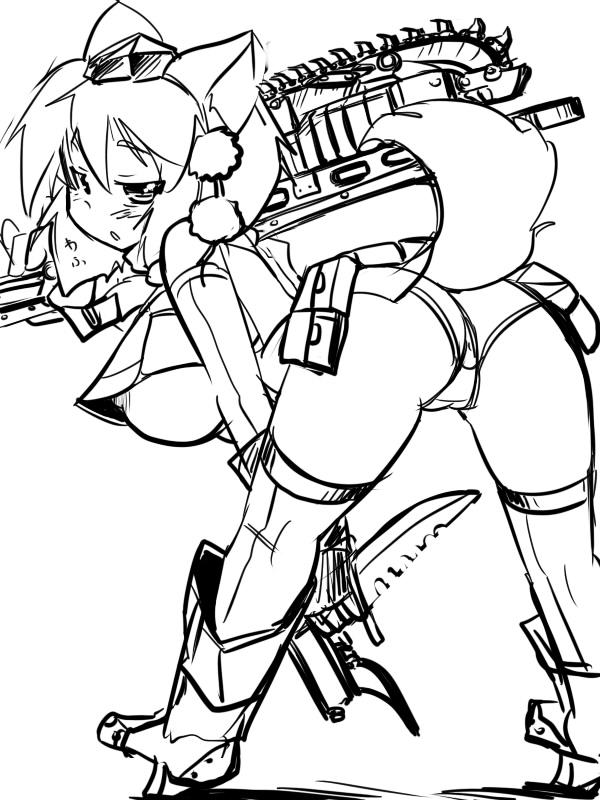 1girl :o alternate_weapon animal_ears areola_slip ass bent_over blush boots breasts cameltoe chainsaw detached_sleeves female_focus from_behind gears_of_war geta gloves greyscale gun hat hip_focus huge_breasts inubashiri_momiji knife lancer_(gears_of_war) looking_at_viewer looking_back microskirt monochrome nipple_slip nipples okiraku_nikku over_shoulder panties pantyshot rifle short_hair simple_background sketch skirt solo tail thighhighs thighs tokin_hat touhou underboob underwear upskirt weapon white_background wolf_ears wolf_tail