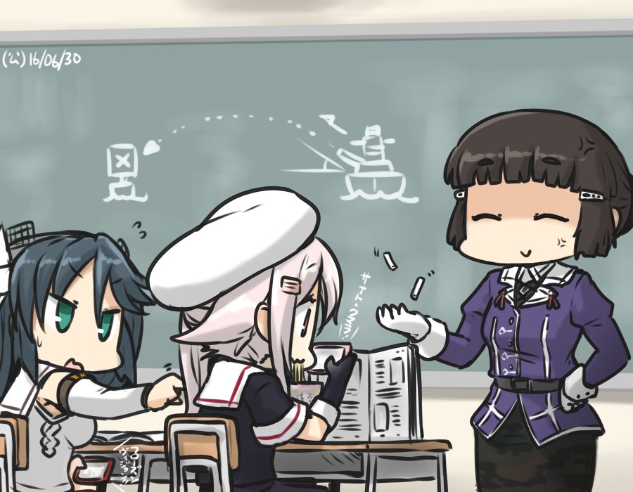 10s 3girls anger_vein black_hair blue_eyes book cellophane_noodles cellphone chalk chalkboard commentary dated desk eating elbow_gloves false_smile flying_sweatdrops gloves hair_ornament hair_ribbon hairclip hamu_koutarou harusame_(kancolle) hat iguchi_yuka isuzu_(kancolle) kanemoto_hisako kantai_collection long_hair multiple_girls myoukou_(kancolle) pencil_skirt phone pink_hair ribbon school_desk school_uniform serafuku short_hair side_ponytail skirt smartphone smile translation_request twintails voice_actor_connection white_gloves