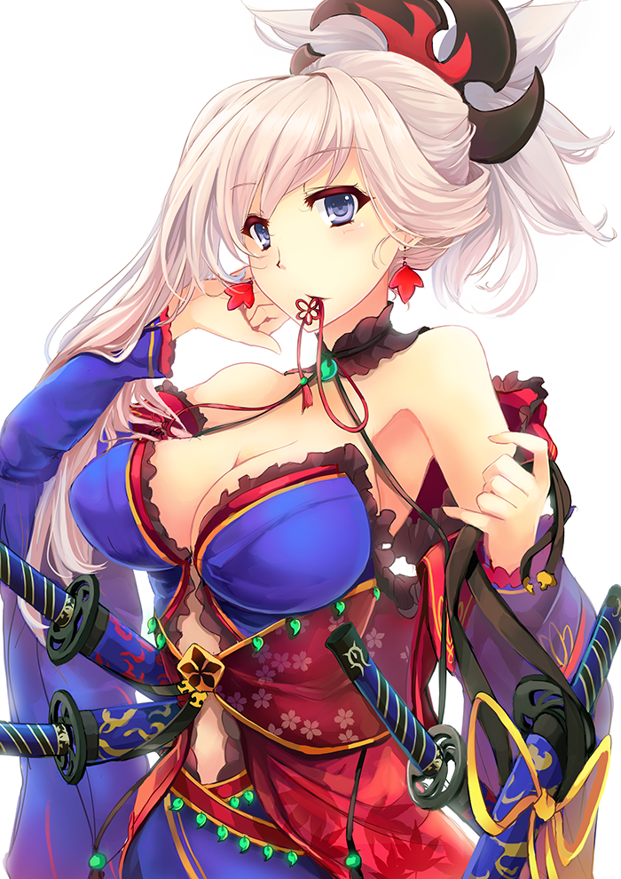 1girl armpits bare_shoulders blue_eyes blush breasts cleavage closed_mouth cowboy_shot detached_sleeves earrings fate/grand_order fate_(series) female_focus goushou hair_ornament japanese_clothes jewelry katana kimono large_breasts looking_at_viewer miyamoto_musashi_(fate) mouth_hold pink_hair ponytail solo sword weapon wide_sleeves