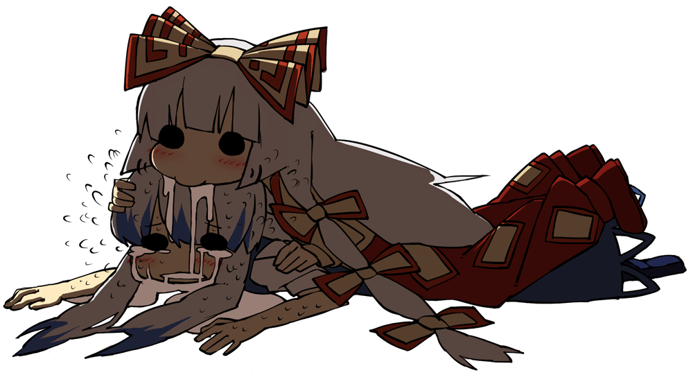 2girls blush bow chibi female_focus fujiwara_no_mokou kamishirasawa_keine long_hair multiple_girls ribbon saliva sweat tears touhou yaza yuri