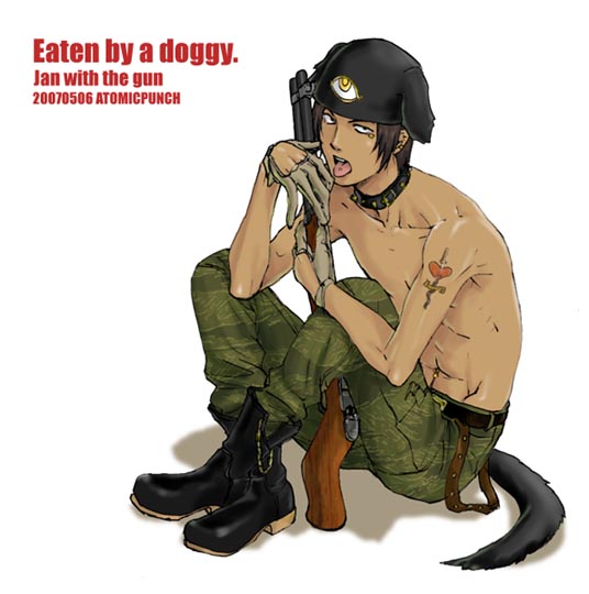 1boy abs animal_ears beanie belt boots brown_hair collar dark_skin dog_ears dog_tail earrings fake_animal_ears gloves gun hat hellsing jan_valentine jewelry male_focus navel navel_piercing pants piercing topless_male sitting solo tail tattoo tongue tongue_out tongue_piercing vampire weapon
