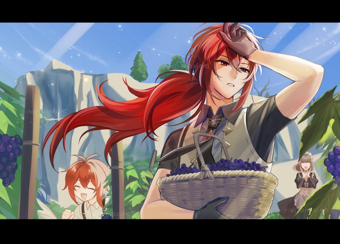 1girl 3boys antenna_hair arm_up artist_name basket black_gloves black_shirt blue_hair brown_hair closed_eyes diluc_(genshin_impact) floating_hair food fruit genshin_impact gloves grapes hair_between_eyes hand_up kaeya_(genshin_impact) long_hair maid multiple_boys narahazime necktie open_mouth ponytail red_eyes red_hair shirt short_sleeves suspenders sweat vest watermark white_shirt white_vest