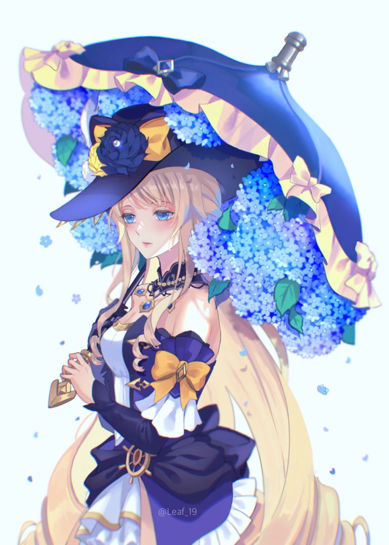 1girl black_hat blonde_hair blue_eyes blue_flower blue_gemstone drill_hair flower gem genshin_impact hat hat_flower holding holding_umbrella hydrangea leaf19 long_hair navia_(genshin_impact) sidelocks solo umbrella umbrella_flower very_long_hair