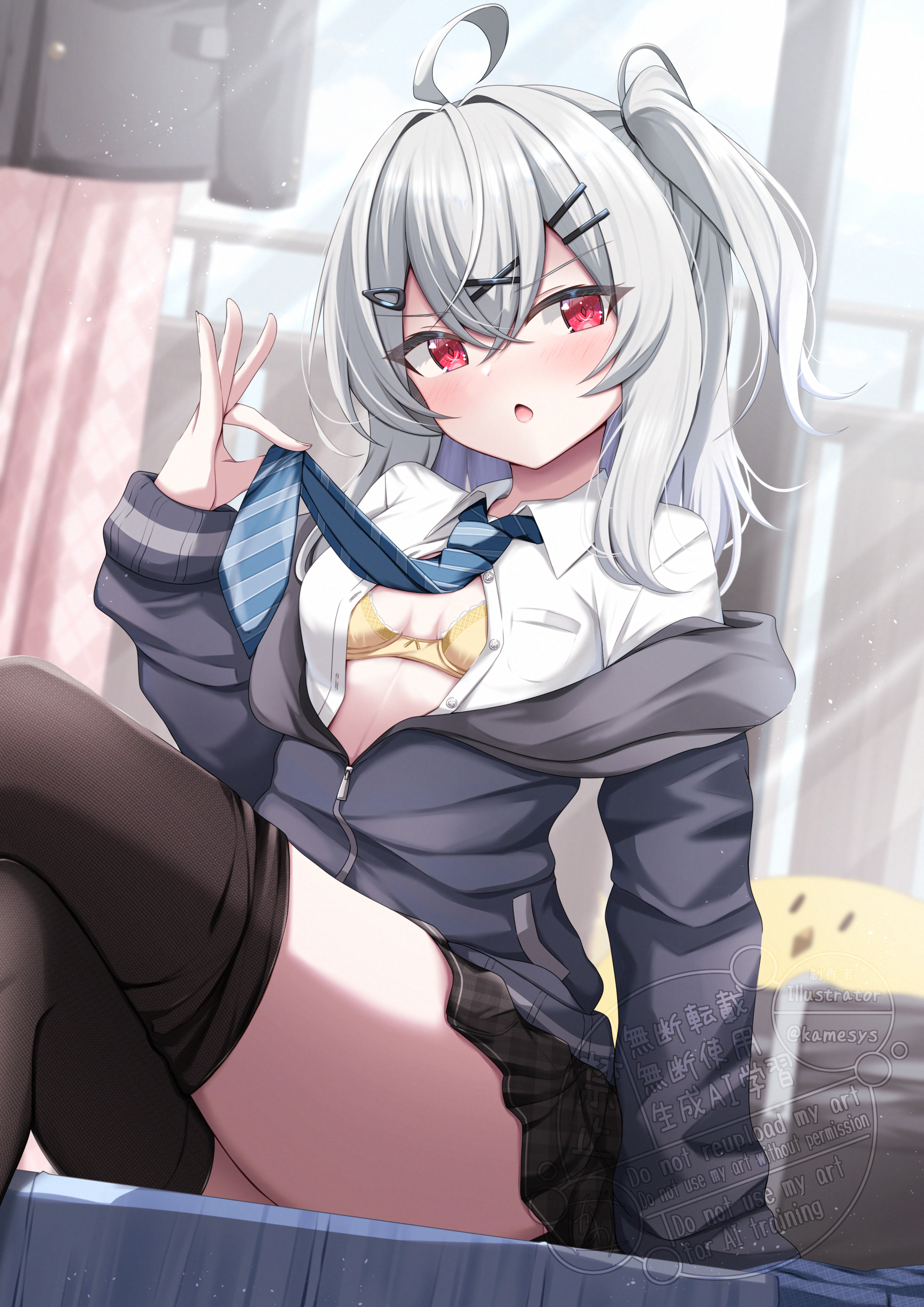 1girl absurdres black_pantyhose bra breasts curtains grey_hair hair_between_eyes hair_ornament highres kamesys looking_at_viewer necktie one_side_up original pantyhose red_eyes school_uniform sitting small_breasts solo thighs underwear watermark