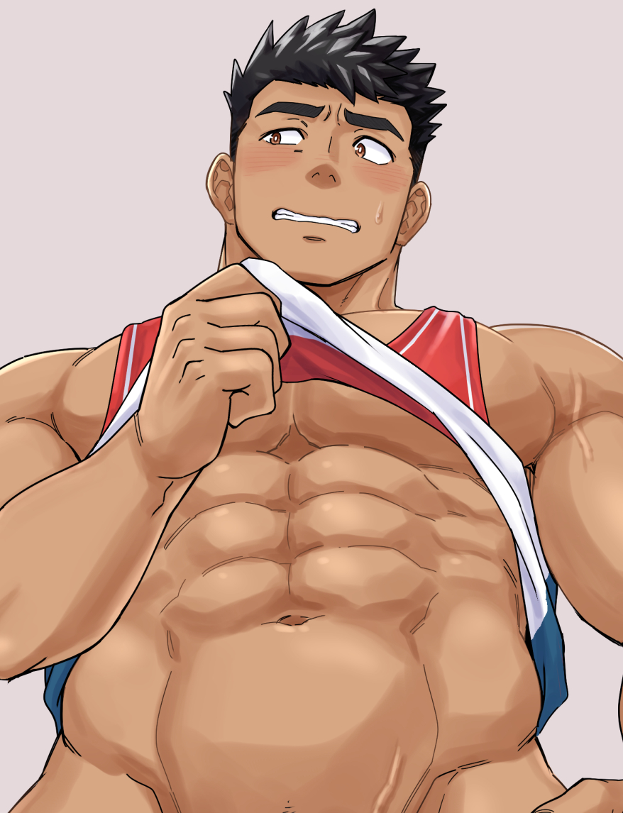 1boy abs averting_eyes bara black_hair blush bright_pupils brown_eyes clenched_teeth clothes_lift dark-skinned_male dark_skin draw_two male_focus muscular muscular_male original paid_reward_available red_tank_top shirt_lift short_hair simple_background solo sweat tank_top teeth thick_eyebrows underpec white_pupils