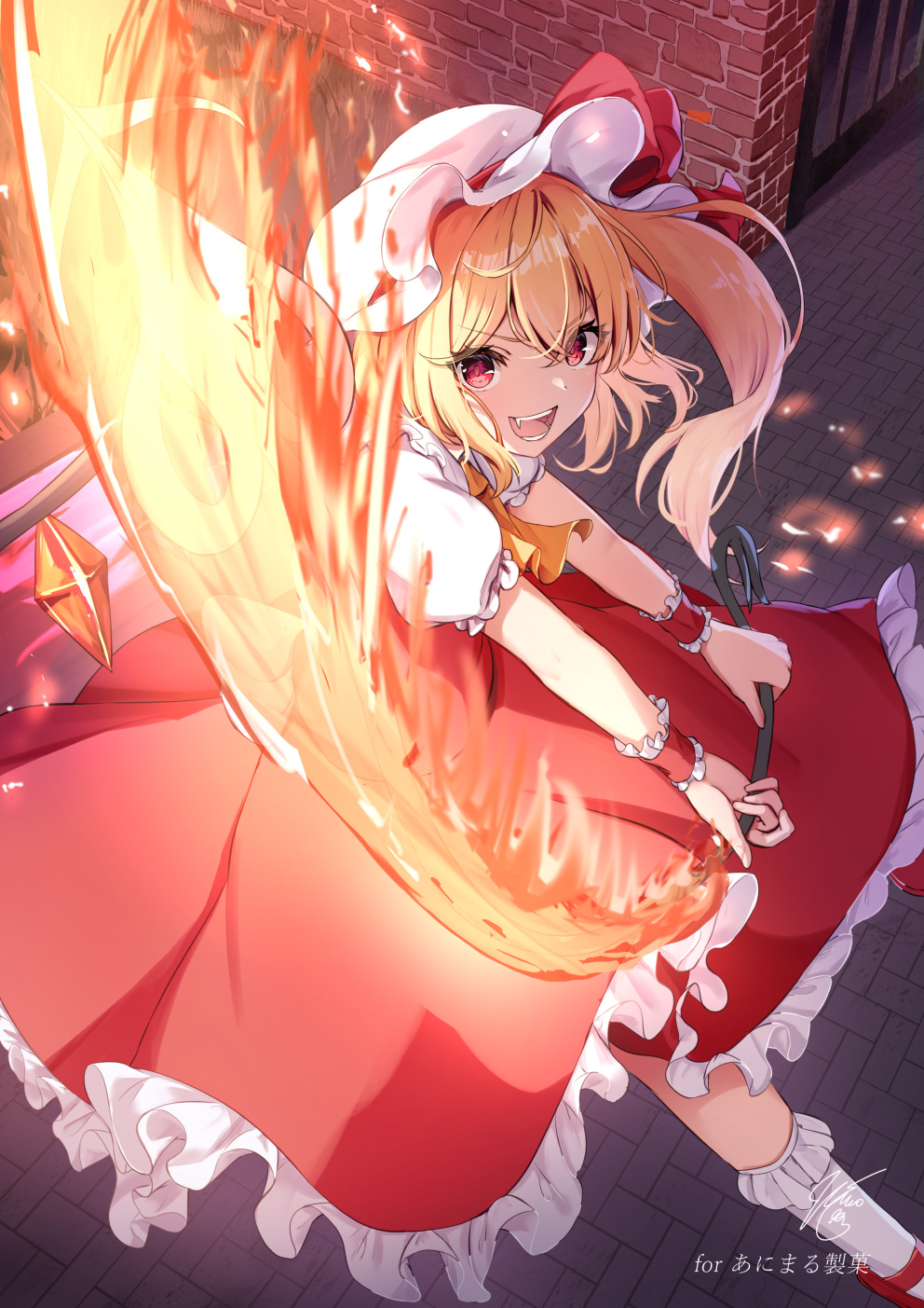 1girl :d ascot blonde_hair commentary_request fang fire flaming_weapon flandre_scarlet frilled_socks frills hat highres holding holding_weapon laevatein_(touhou) long_hair looking_at_viewer mary_janes mob_cap niko_kusa open_mouth puffy_short_sleeves puffy_sleeves red_eyes red_shoes red_skirt red_vest scarlet_devil_mansion shirt shoes short_sleeves skirt smile socks solo touhou vest weapon white_hat white_shirt white_socks wings yellow_ascot