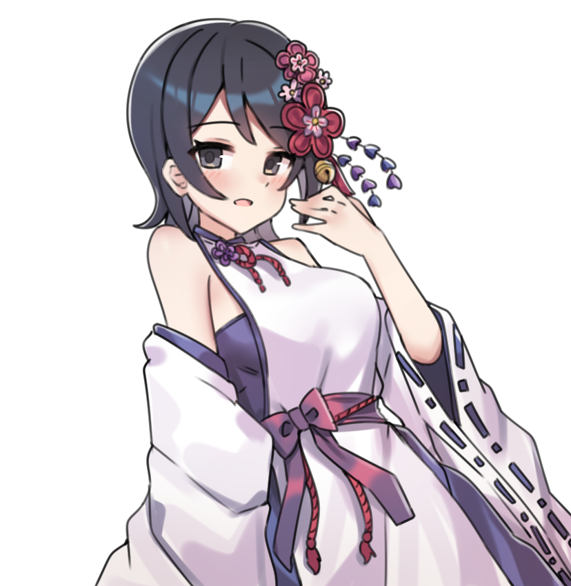 1girl aa211108 armpits bare_shoulders black_eyes black_hair blush breasts detached_sleeves dot_nose eyelashes flipped_hair flower hair_flower hair_ornament idolmaster idolmaster_dearly_stars japanese_clothes large_breasts looking_at_viewer medium_hair mizutani_eri open_mouth parted_bangs purple_ribbon ribbon ribbon-trimmed_sleeves ribbon_trim simple_background solo upper_body waist_ribbon white_background wide_sleeves