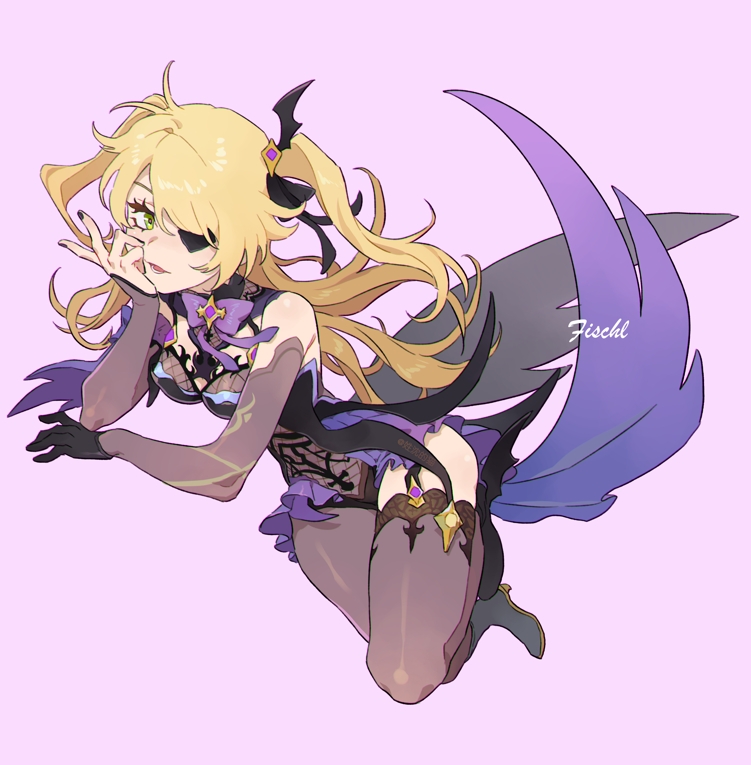 1girl black_leotard blonde_hair bow bowtie bridal_gauntlets eyepatch fischl_(genshin_impact) garter_straps genshin_impact green_eyes honlo leotard long_hair lying nail_polish on_side simple_background single_garter_strap solo tailcoat thighhighs twintails