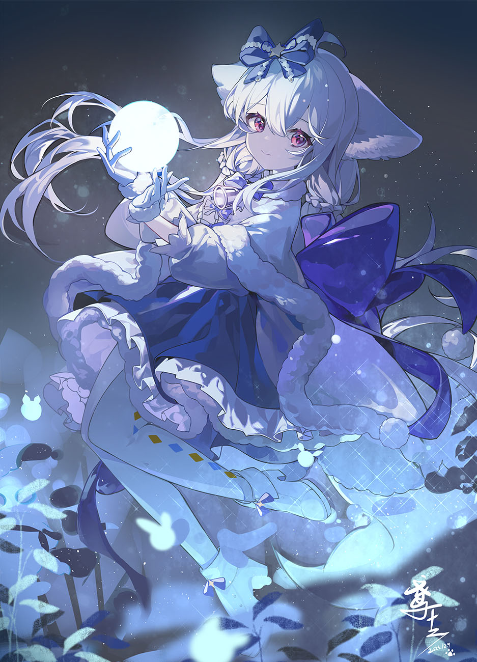 ahoge animal_ear_fluff animal_ears argyle_clothes argyle_legwear artist_name back_bow ball bell bib blue_bow blue_dress bow bowtie capelet chinese_text collar dark dress floating_hair fox_ears fox_girl fox_tail frilled_collar frilled_dress frills from_side full_body fur-trimmed_capelet fur-trimmed_dress fur-trimmed_gloves fur_trim gloves hair_between_eyes hair_bow hair_ornament hair_scrunchie hands_up head_tilt high_collar highres holding holding_ball large_bow large_ears large_tail layered_dress leaf leaning_back legs_up light long_hair long_sleeves looking_at_viewer midair night original outdoors pantyhose plant print_dress puffy_sleeves red_eyes sakurada_shiro_(hy_plus) sakurada_shiro_(winter)_(hy_plus) scrunchie shadow signature star_ornament striped_clothes striped_dress tail vertical-striped_sleeves very_long_hair white_capelet white_footwear white_gloves white_hair white_pantyhose white_sleeves winter_clothes yuan_12