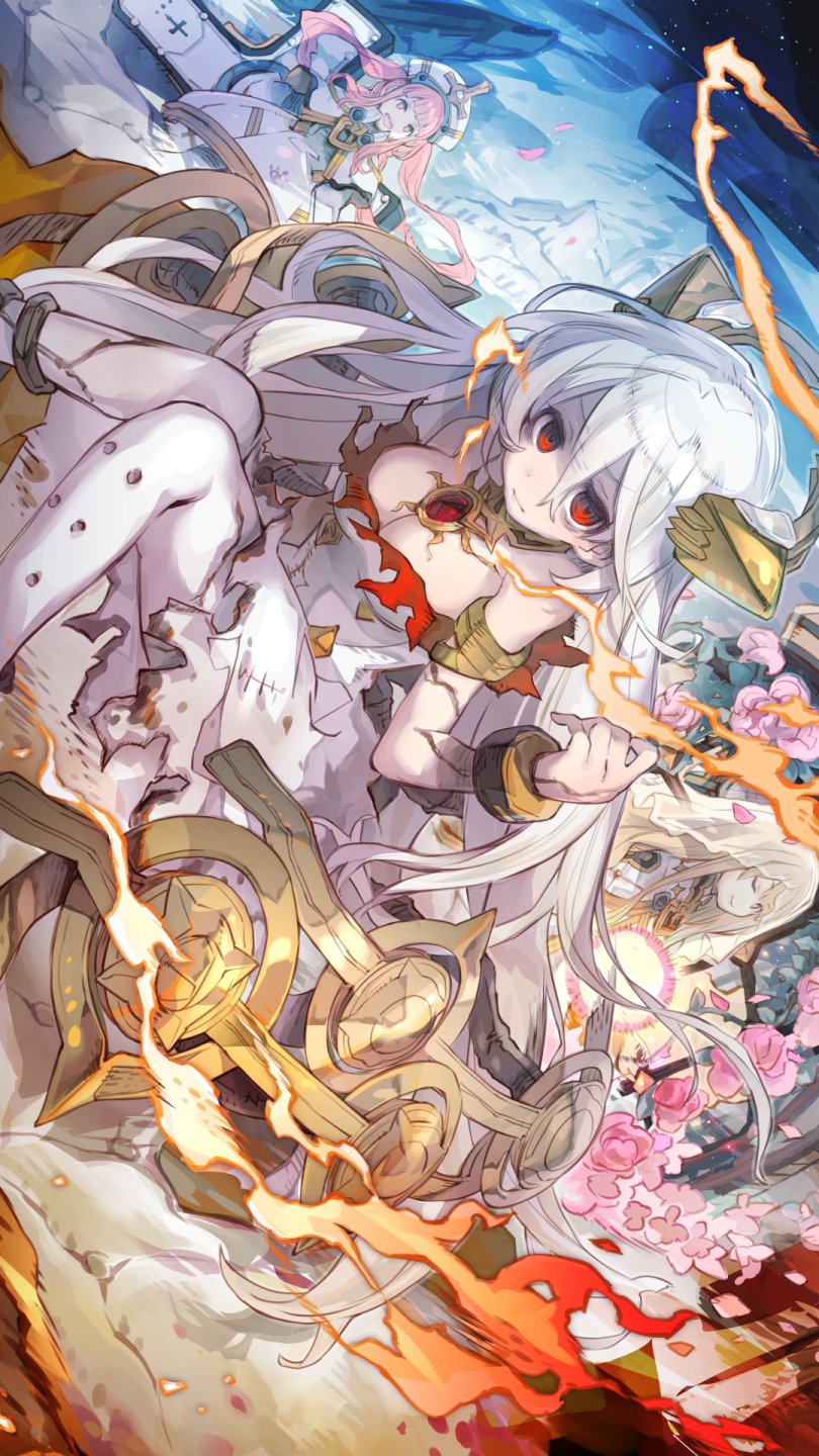 3girls alchemy_stars bags_under_eyes breasts brooch burnt_clothes cleavage closed_mouth cuffs detached_collar dress fire flower gabriel_(alchemy_stars) haku_(sabosoda) halo hat highres jewelry long_hair looking_at_viewer medium_breasts multiple_girls nurse_cap one_eye_closed pink_hair raphael_(alchemy_stars) red_eyes shaded_face sitting solo_focus strapless strapless_dress uriel_(alchemy_stars) veil white_dress white_hair white_legwear