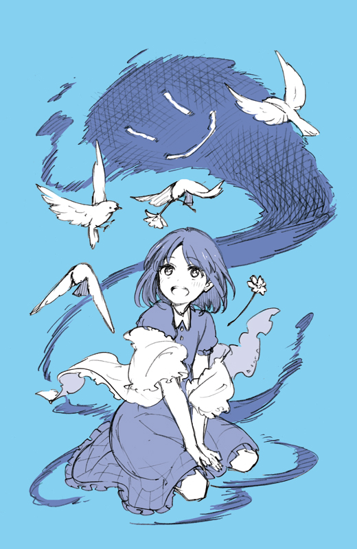1girl 1other bird blue_background fate/strange_fake fate_(series) flower isshoku_(shiki) kuruoka_tsubaki looking_at_animal monochrome open_mouth pale_rider seiza short_hair simple_background sitting smile