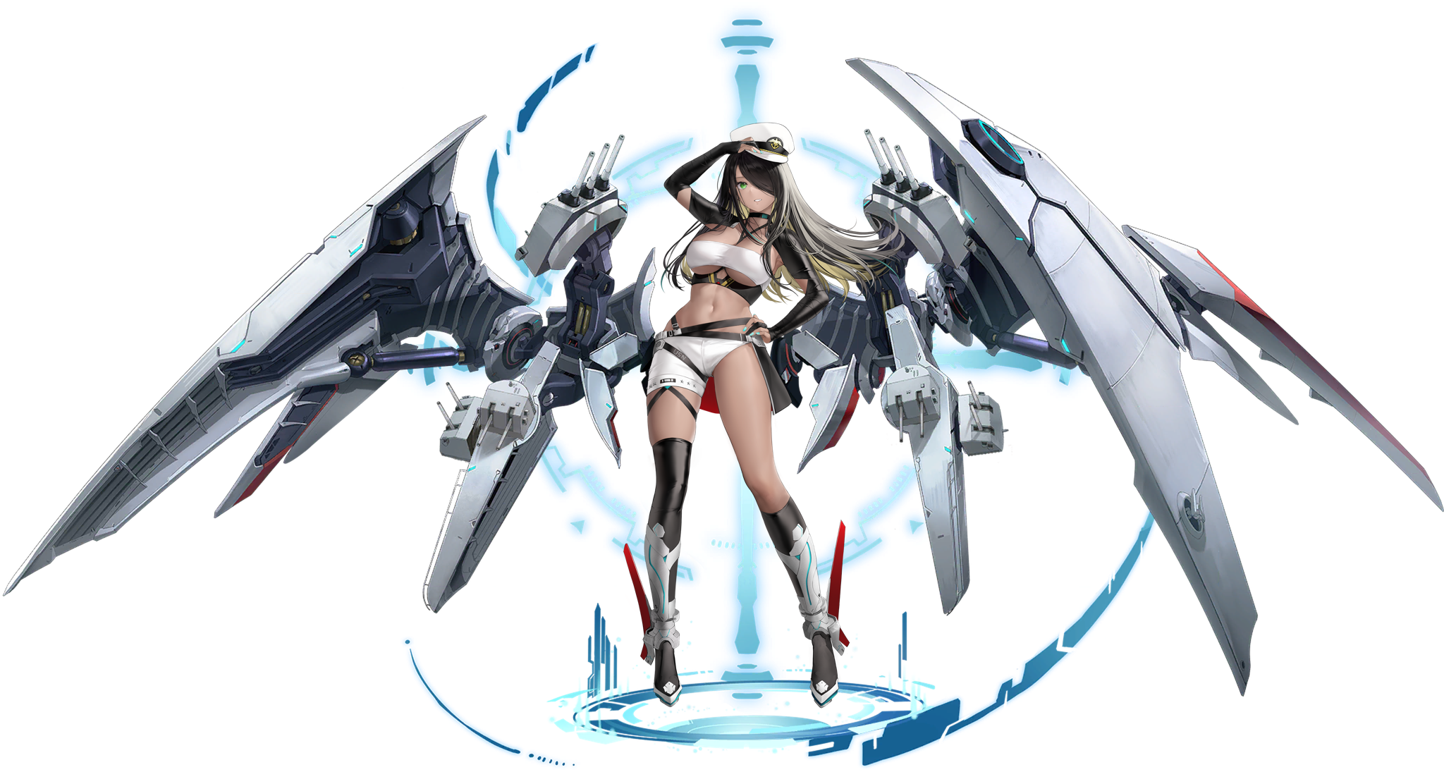 1girl arm_up artist_request asymmetrical_clothes azur_lane bare_shoulders black_hair blonde_hair breasts bridal_gauntlets choker dark-skinned_female dark_skin fingernails full_body green_eyes hat highres holding long_hair looking_at_viewer machinery medium_breasts midriff multicolored_hair nail_polish navel northampton_(azur_lane) northampton_ii_(azur_lane) official_art parted_lips peaked_cap shiny_skin ship_turret simple_background solo stomach thighhighs thighs