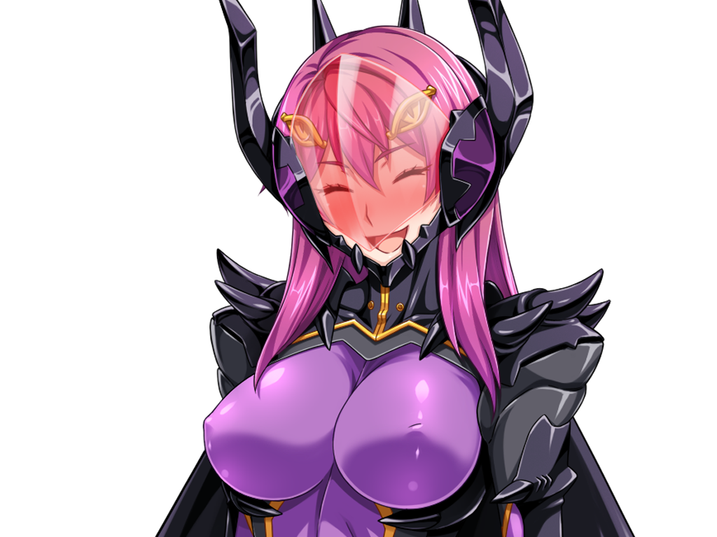 1girl :d ^_^ armor assault_visor blush bodysuit breasts closed_eyes covered_erect_nipples dark_reica fake_horns game_cg gentle_sasaki headgear helmet horned_helmet horns large_breasts large_variant_set long_hair non-web_source official_art open_mouth pink_hair purple_bodysuit purple_hair shindou_hatsune smile solo soukou_senki_prism_reica transparent_background upper_body variant_set