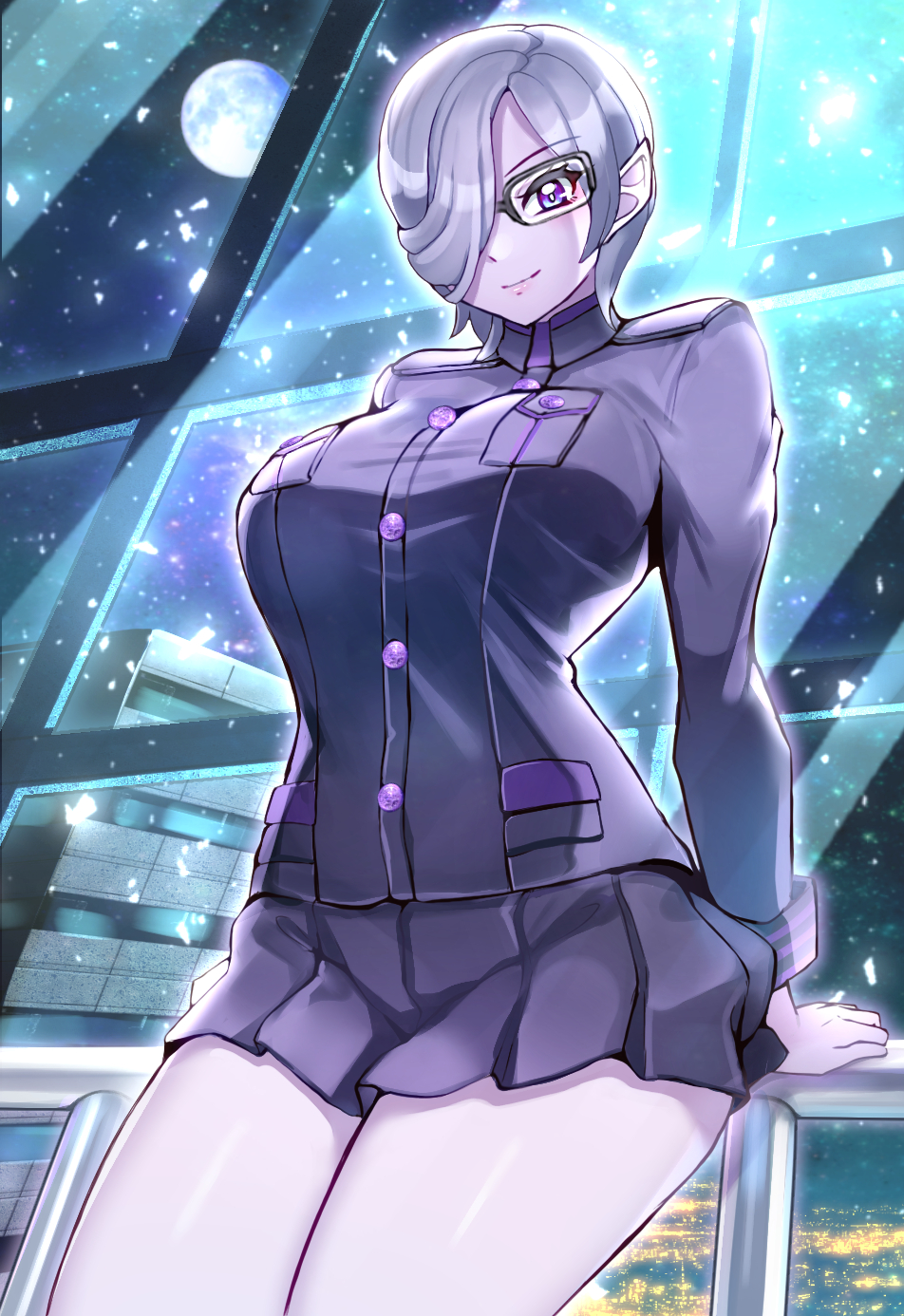 1girl administrator_(crossover_nexus) breasts colored_skin commission crossover_nexus_project crossover_nexus_series glasses highres isekai_monogatari_series large_breasts moon pointy_ears purple_eyes purple_hair purple_skin short_hair yasu_suupatenin