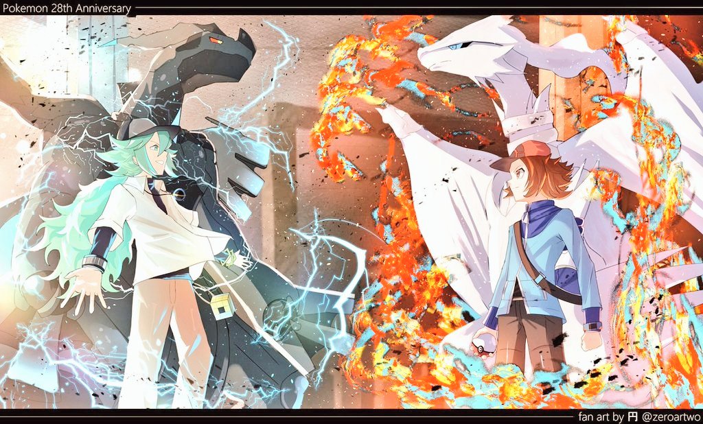 2boys artist_name battle blue_jacket electricity fighting_stance fire gen_5_pokemon green_hair hat hilbert_(pokemon) jacket legendary_pokemon long_hair male_focus multiple_boys n_(pokemon) nintendo pokemon pokemon_(creature) pokemon_bw reshiram reshiram_(overdrive) signature twitter_username zekrom zekrom_(overdrive) zeroartwo