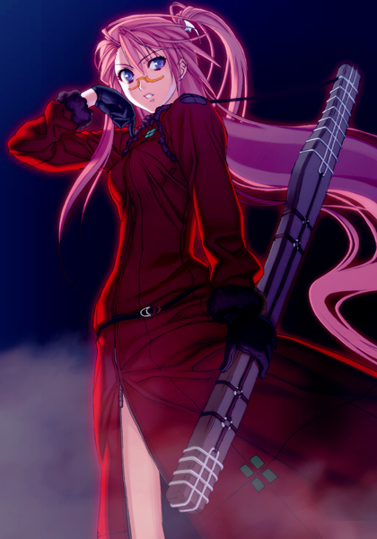 1girl black_gloves blue_background blue_eyes dress floating_hair front_slit game_cg glasses gloves hair_between_eyes high_ponytail holding ignis_(jingai_makyou) jingai_makyou long_hair long_sleeves looking_at_viewer nishii_(damnedrive) official_art parted_lips pink_hair ponytail red_dress semi-rimless_eyewear solo standing under-rim_eyewear very_long_hair yellow-framed_eyewear