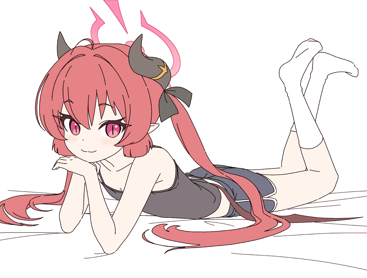 1girl :3 black_camisole black_horns blue_archive blunt_tresses blush breasts camisole cleavage demon_horns dolphin_shorts feet_up hair_between_eyes halo head_rest horns junko_(blue_archive) kutsusama looking_at_viewer lying no_shoes on_stomach petite red_hair red_halo shorts skinny slit_pupils small_breasts socks soles solo the_pose white_background white_socks