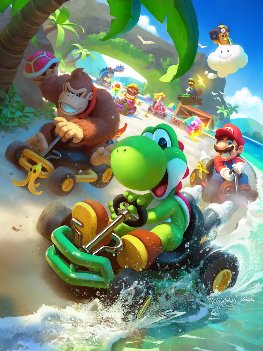 artist_collaboration banana_peel beach bowser cassio_yoshiyaki clenched_teeth cloud commentary crab day donkey_kong donkey_kong_(series) drifting driving full_body go-kart highres item_box_(mario) lakitu luigi mario mario_(series) mario_kart mario_kart_64 nintendo ocean outdoors overalls palm_tree princess_peach renato_giacomini sand smile splashing teeth toad_(mario) tree wario water yoshi