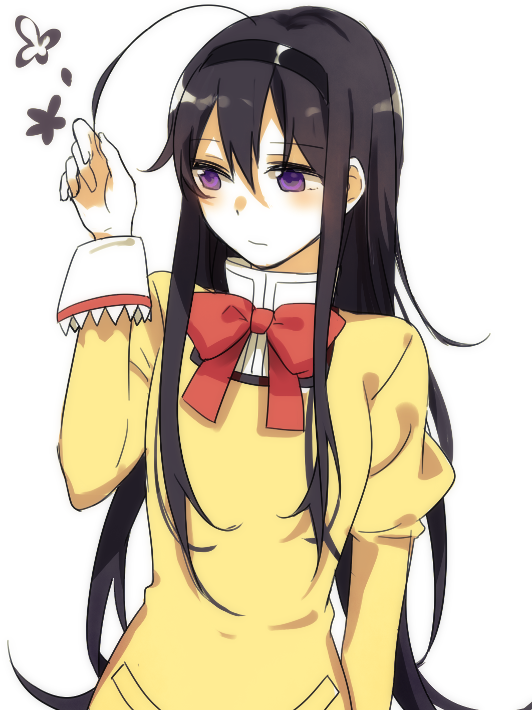 10s 1girl ahoge akemi_homura bad_id bad_pixiv_id black_hair bow female_focus highres long_hair mahou_shoujo_madoka_magica mahou_shoujo_madoka_magica_(anime) school_uniform solo zgxuke