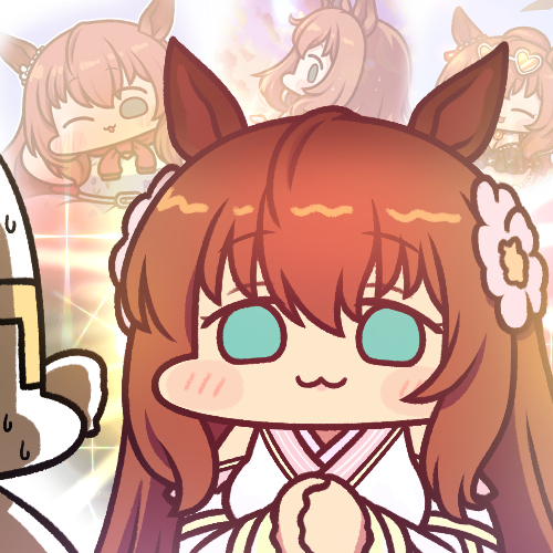 1boy 1girl :3 animal_ears bikini black_bikini blush_stickers brown_hair chibi commentary ear_ornament eyewear_on_head flower glowing green_eyes hair_flower hair_ornament heart heart-shaped_eyewear horse_ears horse_girl jacket_around_neck japanese_clothes jazz_jack kimono lowres maruzensky_(blasting_off_summer_night)_(umamusume) maruzensky_(heavenly_maiden_of_divine_speed_offers_her_festive_greetings)_(umamusume) maruzensky_(umamusume) multiple_views official_alternate_costume official_alternate_hairstyle one_eye_closed own_hands_clasped own_hands_together pink_kimono sparkle sunglasses sweatdrop swimsuit t-head_trainer_(umamusume) trainer_(umamusume) umamusume wide_face