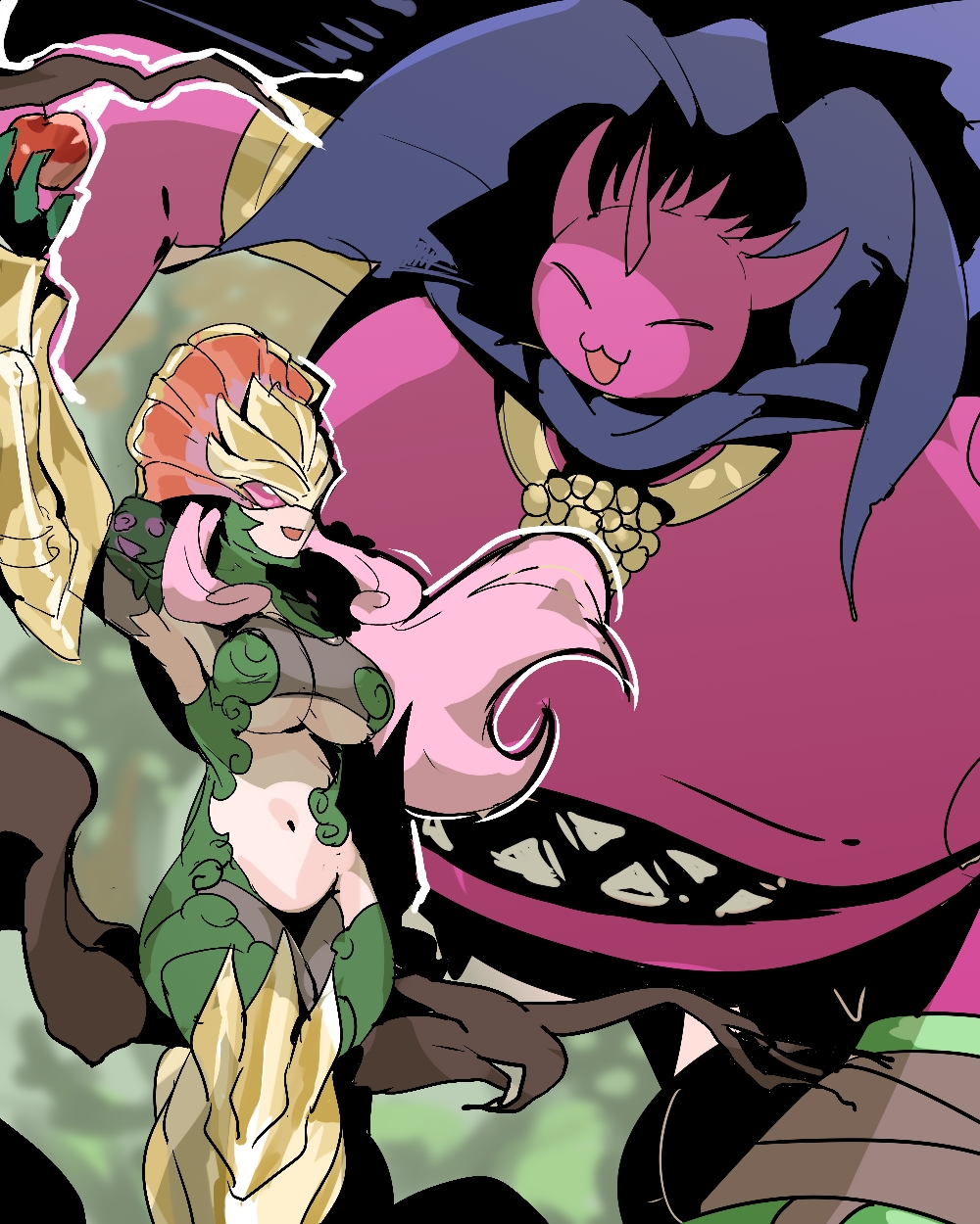 1boy 1girl bacchusmon bandages cape ceresmon ceresmon_medium digimon highres mask sharp_teeth teeth