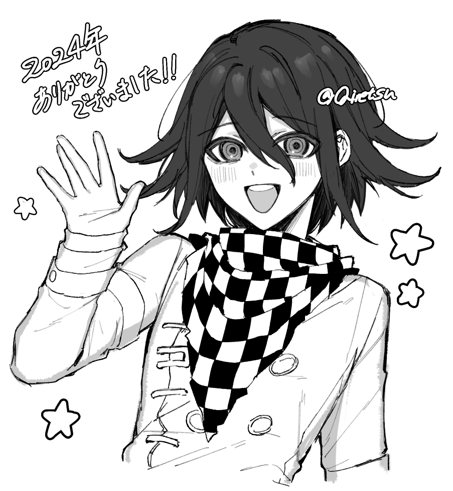 1boy :d blush buttons checkered_neckerchief cropped_torso danganronpa_(series) danganronpa_v3:_killing_harmony double-breasted flipped_hair greyscale hair_between_eyes hand_up long_sleeves monochrome neckerchief oma_kokichi open_mouth qiretsu smile solo star_(symbol) teeth translation_request upper_body upper_teeth_only