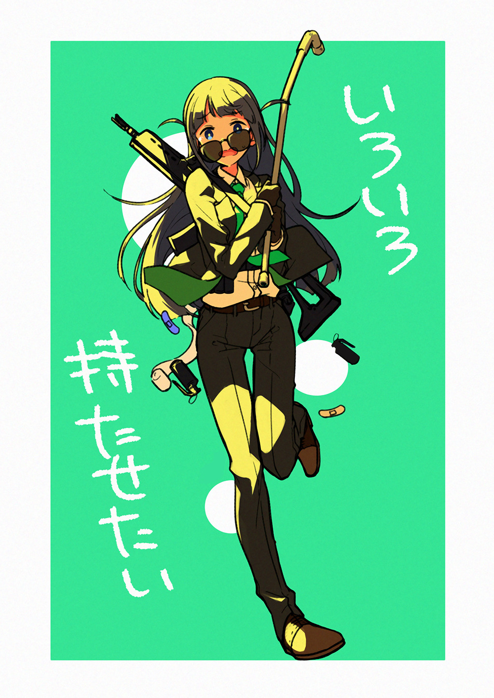 1girl 2929gigamax bandaid black_gloves black_jacket black_pants blunt_bangs border brown_footwear commentary_request explosive formal_clothes full_body gloves green_background grenade gun highres holding holding_lead_pipe jacket lead_pipe long_hair long_sleeves looking_at_viewer open_mouth pants purple_hair running shoujo_kageki_revue_starlight sidelocks solo standing standing_on_one_leg suit sunglasses translation_request tsuyuzaki_mahiru two_side_up weapon white_border