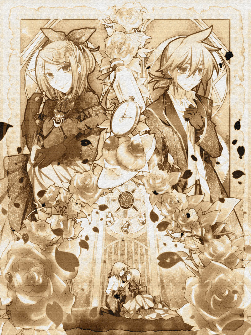 1boy 1girl aku_no_musume_(vocaloid) bow brother_and_sister dress evillious_nendaiki flower hair_bow hair_flower hair_ornament haru_aki kagamine_len kagamine_rin pocket_watch regret_message_(vocaloid) sepia siblings twins vocaloid watch