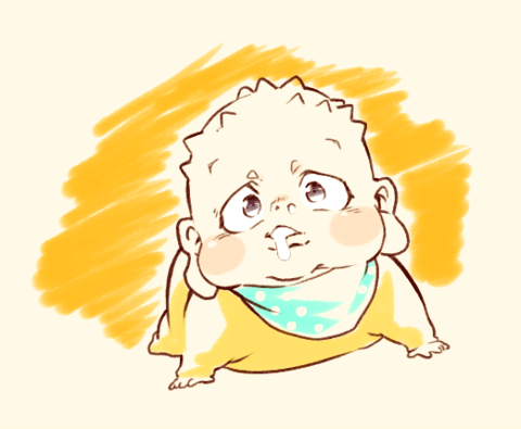 1boy baby bad_id bad_pixiv_id bib jojo_no_kimyou_na_bouken lowres male_focus matcha_cream_v saliva solo vldksltlah88 yangu_shigekiyo aged_down
