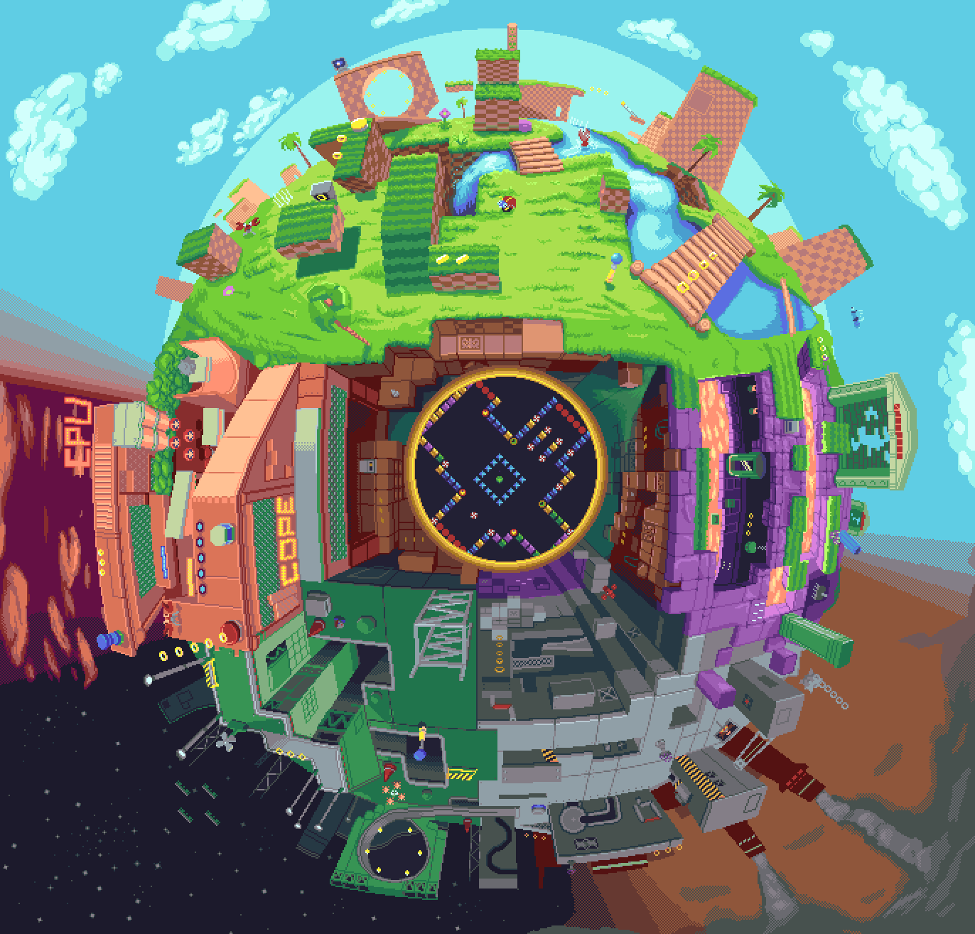 animated animated_gif ball ball_and_chain_(weapon) blue_sky bomb_(sonic) bridge building buzz_bomber caterkiller chain chaos_emerald chopper_(sonic) cloud coin conveyor_belt crab crabmeat_(sonic) daydream_stream dr._eggman electric_fan fire fish flower globe grass green_hill_zone halfpipe highres industrial_pipe lamppost lava loop-the-loop moto_bug night night_sky no_humans orbinaut palm_tree pixel_art plant platform radio_antenna ramp ring_(sonic) rolling scenery sky smoke smokestack sonic_(series) sonic_the_hedgehog_(classic) sonic_the_hedgehog_1 spiked_ball_and_chain spikes spinning star_(sky) starry_sky traffic_barrier traffic_cone tree water waterfall weapon wooden_bridge