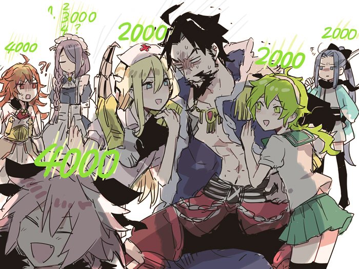 !? 6+boys astolfo_(fate) bad_id bad_twitter_id beard cosplay crossdressing david_(fate) david_(fate/apocrypha) edward_teach_(fate) edward_teach_(third_ascension)_(fate) facial_hair fang fate/apocrypha fate/grand_order fate/prototype fate/prototype:_fragments_of_blue_and_silver fate/stay_night fate_(series) fionn_mac_cumhaill_(fate/grand_order) gameplay_mechanics koha-ace maid miyoshi_(m-mallow) multiple_boys nurse okita_souji_(fate) okita_souji_(koha-ace) okita_souji_(koha-ace)_(cosplay) paracelsus_von_hohenheim_(fate) rama_(fate) sasaki_kojirou_(fate) school_uniform trap