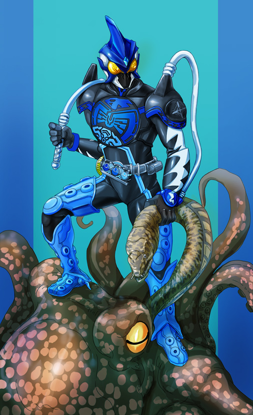 1boy blue_theme eel huujyu kamen_rider kamen_rider_ooo kamen_rider_ooo_(series) male_focus octopus shauta_(ooo_combo) solo tentacles