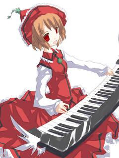 1girl brown_hair buttons frilled_hat frilled_shirt_collar frilled_skirt frills hat instrument keyboard_(instrument) long_skirt long_sleeves looking_at_viewer lowres lyrica_prismriver photoshop_(medium) red_eyes red_hat red_shirt red_skirt sakuraba_yuuki shirt short_hair simple_background skirt solo source_request touhou white_background