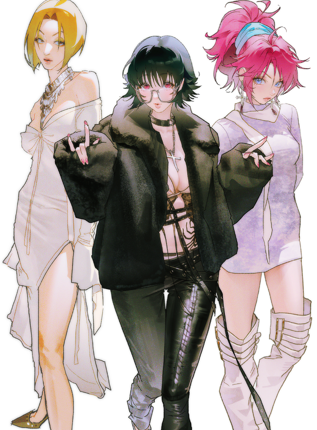 3girls belt black_belt black_coat black_hair black_pants blonde_hair blue_eyes bob_cut bra breasts brown_eyes coat commentary_request cross cross_earrings cross_necklace dress earrings eyelashes eyeshadow fashion fingernails full_body glass hands_up high_heels hunter_x_hunter jewelry jnkku korean_commentary leather lips looking_at_viewer machi_komacine makeup medium_hair multiple_girls necklace pakunoda pants pink_eyes pink_hair pink_nails ponytail shizuku_murasaki short_dress simple_background standing stomach_tattoo tattoo underwear v-shaped_eyebrows white_background white_dress white_footwear yellow_eyeshadow
