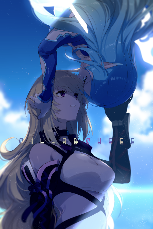 2girls blonde_hair blue_hair breasts cloud echo_(circa) long_hair medium_breasts milla_maxwell multiple_girls muzet_(tales) smile tales_of_(series) tales_of_xillia