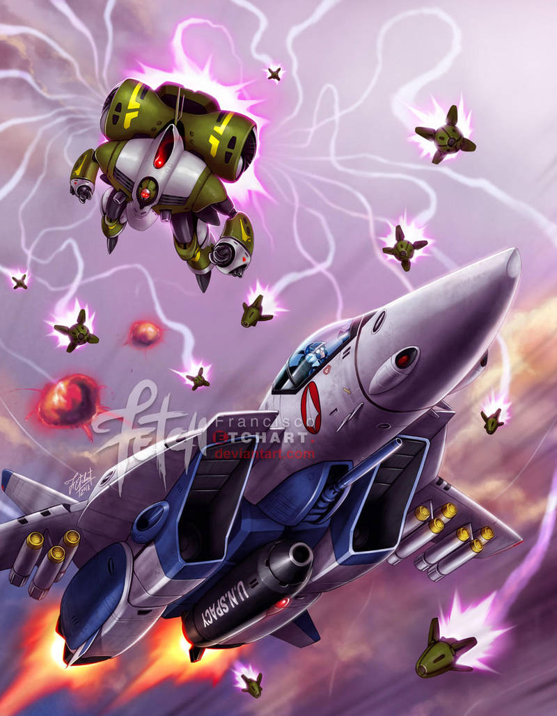 2018 afterburner alien arm_cannon armor battle choujikuu_yousai_macross cloud commentary dated english_commentary explosion flying franciscoetchart glasses glowing gunpod itano_circus jenius_maximilian macross mecha meltrandi missile pilot power_armor queadluun-rau robot robotech roundel signature spoilers thrusters u.n._spacy variable_fighter veritech vf-1 vf-1a watermark weapon zentradi