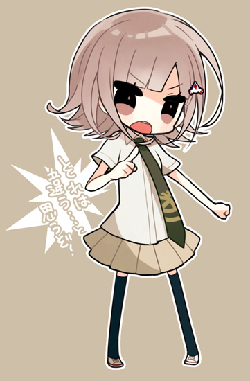 &gt;:o 1girl :o akebi_(kakororo) blonde_hair brown_eyes cosplay danganronpa_(series) hair_ornament hairclip hinata_hajime hinata_hajime_(cosplay) nanami_chiaki necktie pointing pointing_at_viewer solo_focus danganronpa_2:_goodbye_despair translated v-shaped_eyebrows