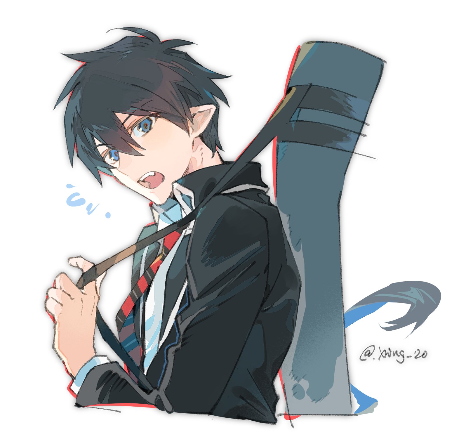 1boy ao_no_exorcist bag black_hair black_jacket blue_eyes collared_jacket collared_shirt commentary_request cropped_torso duffel_bag fangs hair_between_eyes high_collar highres jacket layered_sleeves long_sleeves male_focus necktie okumura_rin open_mouth pointy_ears shirt short_hair simple_background solo striped_necktie teeth twitter_username white_background white_shirt wing_collar xing_20