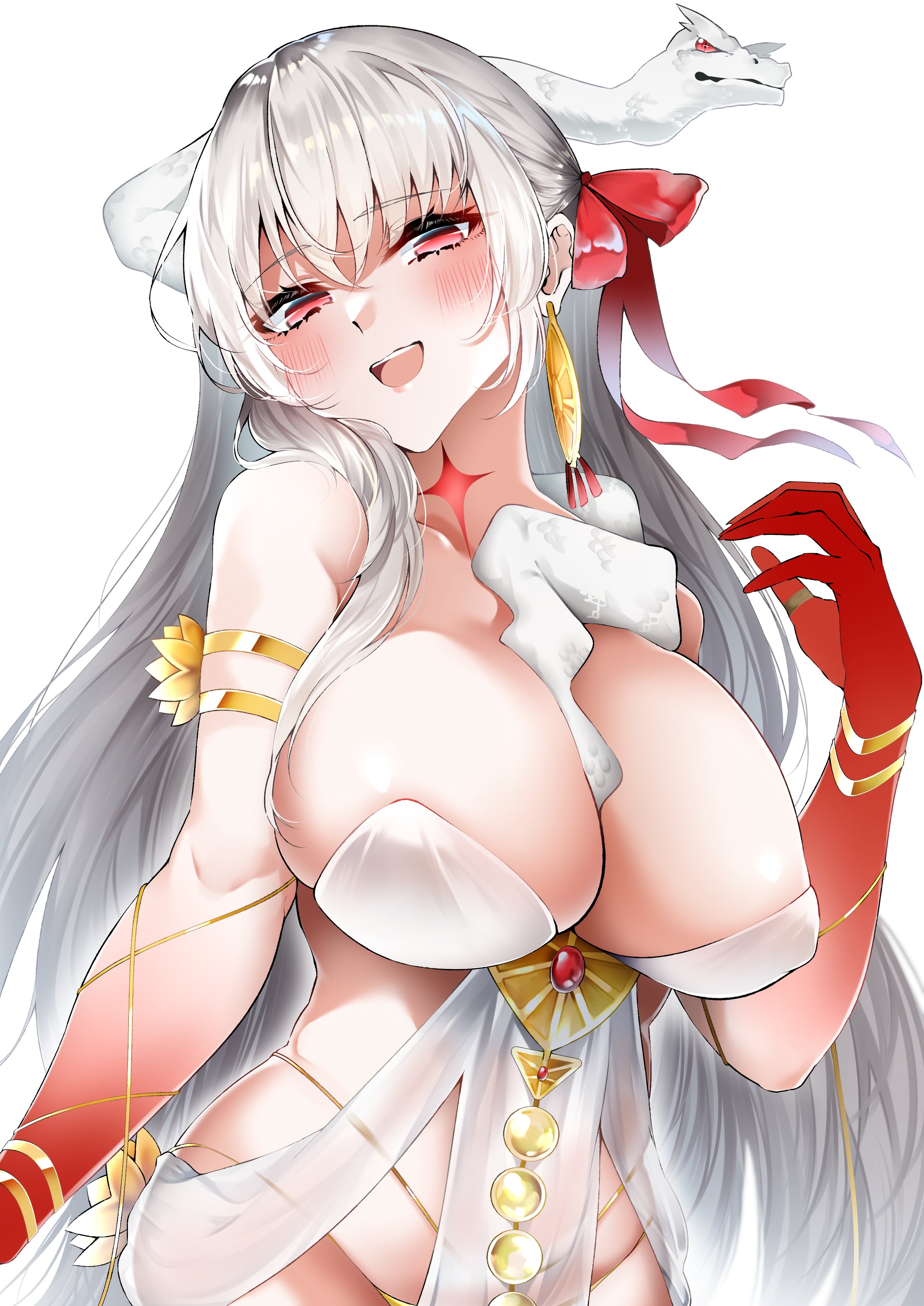 1girl absurdres armlet bare_shoulders belly_chain blush body_markings bracelet breasts cleavage collarbone colored_skin dress durga_(fate) durga_(first_ascension)_(fate) earrings fate/grand_order fate_(series) gradient_skin grey_hair hair_ribbon highres jewelry large_breasts len_(hand_linke) long_hair looking_at_viewer open_mouth pelvic_curtain red_eyes red_skin revealing_clothes ribbon sash smile snake solo thumb_ring very_long_hair white_dress