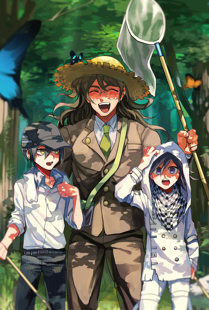 3boys arm_belt black_hair blue_butterfly brown_hair brown_jacket brown_suit bug butterfly butterfly_net buttons checkered_clothes checkered_scarf closed_eyes collared_jacket commentary_request danganronpa_(series) danganronpa_v3:_killing_harmony eyelashes flipped_hair forest formal_clothes gokuhara_gonta green_necktie hair_between_eyes hand_net happy hat height_difference holding holding_butterfly_net insect bug_cage jacket long_hair long_sleeves looking_at_viewer male_focus messy_hair multicolored_buttons multiple_boys nature necktie oma_kokichi open_mouth outdoors pants purple_eyes purple_hair round_eyewear saihara_shuichi scarf school_uniform shirt short_hair size_difference smile straw_hat striped_clothes striped_pants suit sunabu teeth thigh_strap towel towel_around_neck towel_on_head tree two-tone_scarf yellow_eyes