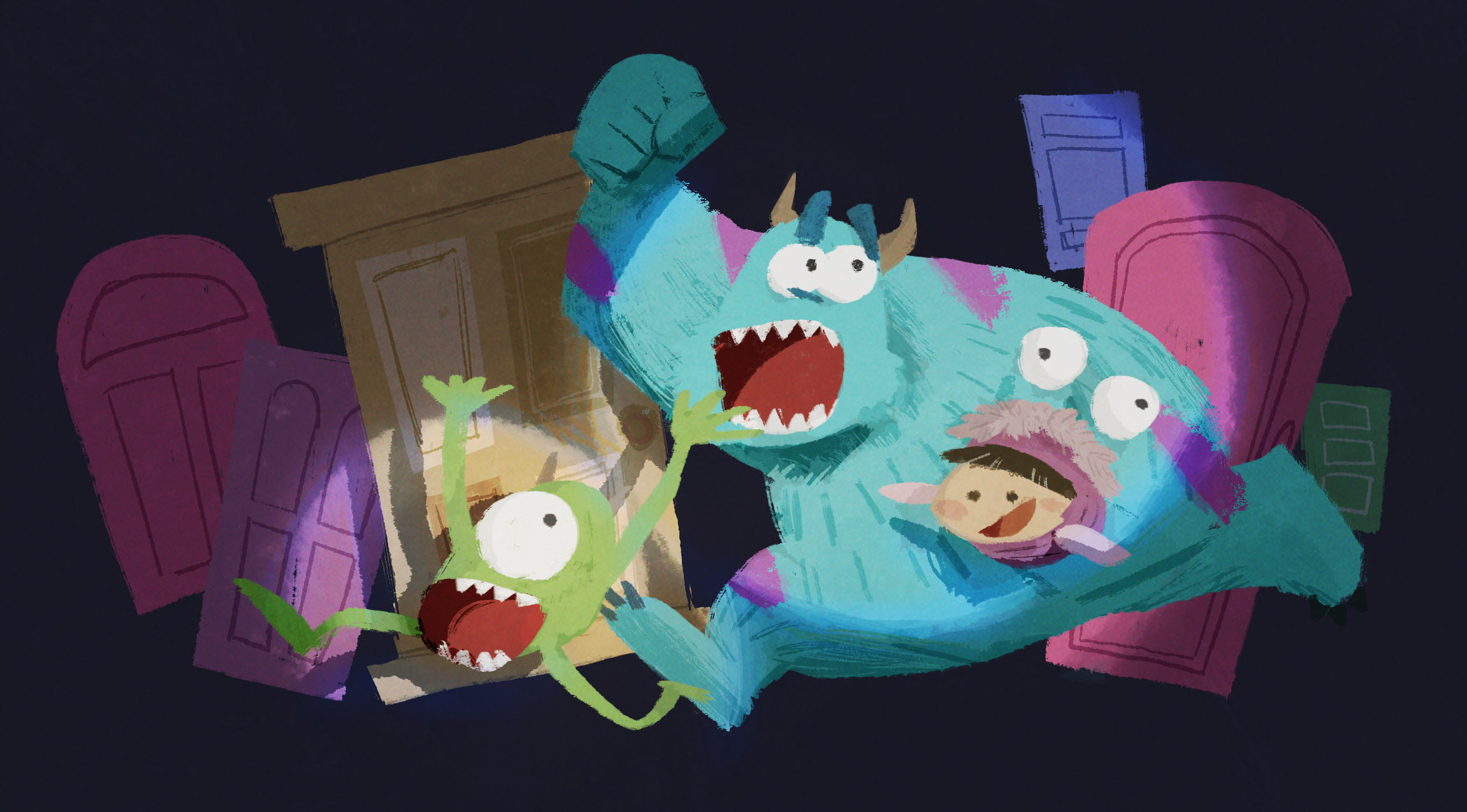 1girl 2boys arm_up arms_up black_background boo_(monsters_inc.) carrying carrying_person carrying_under_arm clenched_hand commentary_request costume cyclops door highres horns james_p._sullivan mike_wazowski monster_boy monsters_inc. multiple_boys okacheke one-eyed open_mouth running sharp_teeth spotlight teeth