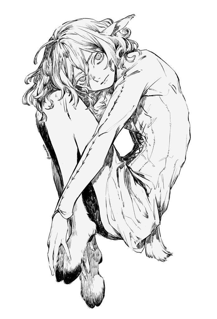 1boy alternate_species animal_ears animal_feet body_fur curled_up dungeon_meshi fetal_position full_body goat_boy goat_ears goat_legs goat_tail greyscale hooves hugging_own_legs knees_to_chest long_sleeves looking_at_viewer male_focus medium_hair mithrun monochrome monster_boy satyr simple_background solo surume_(su1193) tunic wavy_hair white_background