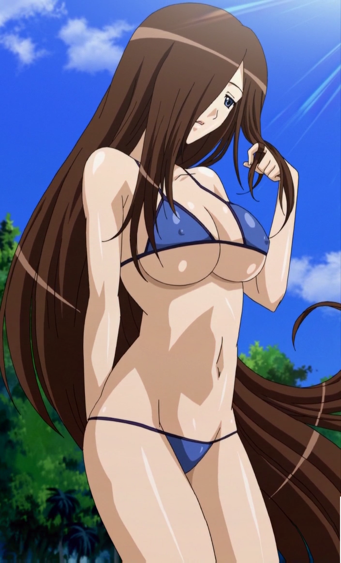 15_bishoujo_hyouryuuki bikini blue_bikini blue_eyes breasts brown_hair cloud cloudy_sky covered_erect_nipples hair_over_one_eye light_rays long_hair navel palm_tree satake_kageko sky stitched sunbeam sunlight swimsuit third-party_edit tree underboob very_long_hair