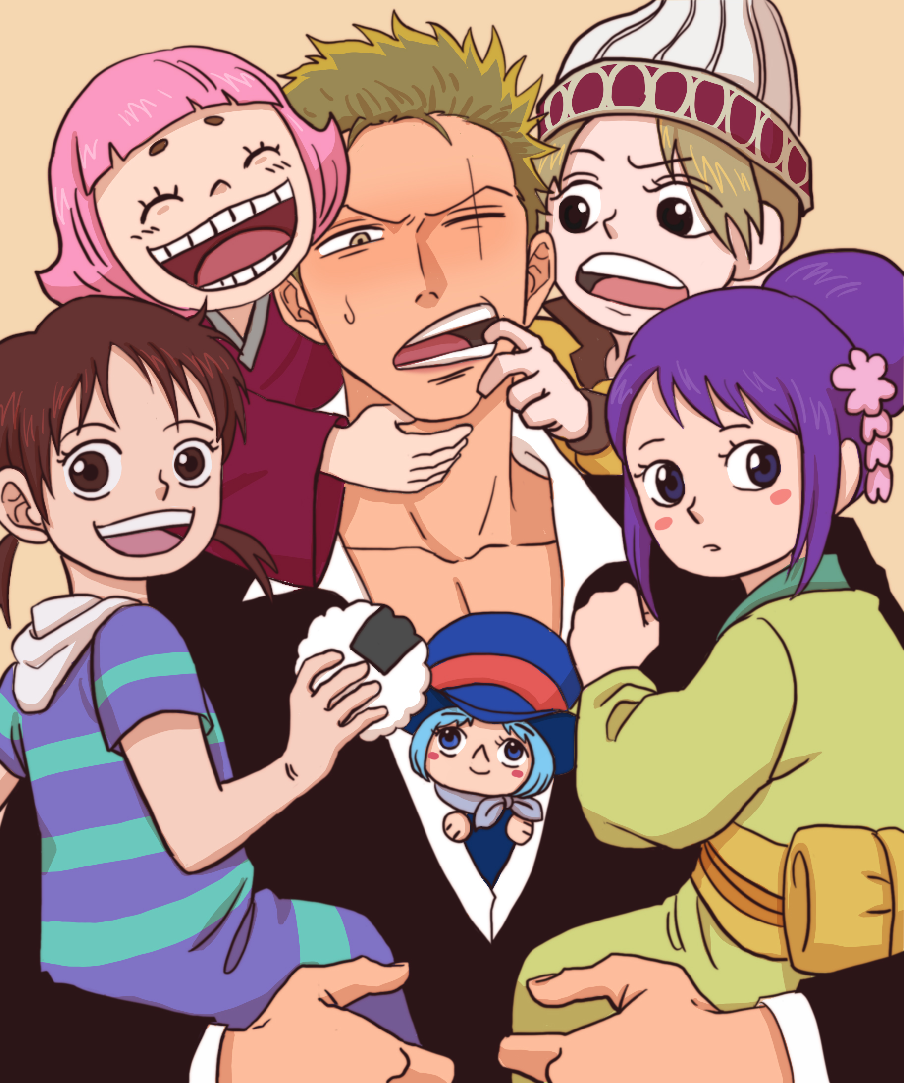 1boy 5girls apis_(one_piece) black_eyes black_suit blue_eyes blue_hair blue_hat brown_eyes brown_hair carrying carrying_person carrying_under_arm chayo_(sprkvp) cheek_pull child closed_eyes closed_mouth collarbone finger_in_another's_mouth food forehead formal_clothes frown green_hair green_kimono hat highres holding holding_food japanese_clothes kimono kurozumi_tama long_hair long_sleeves looking_at_another looking_at_viewer multiple_girls one_eye_closed one_piece onigiri orange_background piggyback pink_hair pointy_nose purple_hair red_kimono rika_(one_piece) roronoa_zoro sash scar scar_across_eye scar_on_face simple_background smile suit sweatdrop teeth thick_eyebrows toko_(one_piece) tongue upper_teeth_only white_hat wicca yellow_eyes yellow_sash